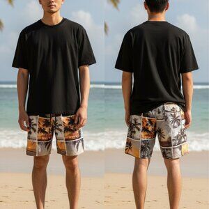 Newport Blue Mens Tropical Sunset Print Swim Trunks With Pockets Elastic Waist &